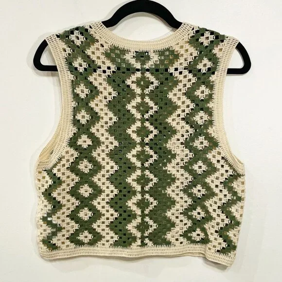 New Sandro Henrika Geo Crochet Vest Ecru Olive Large $295 - Picture 5 of 9